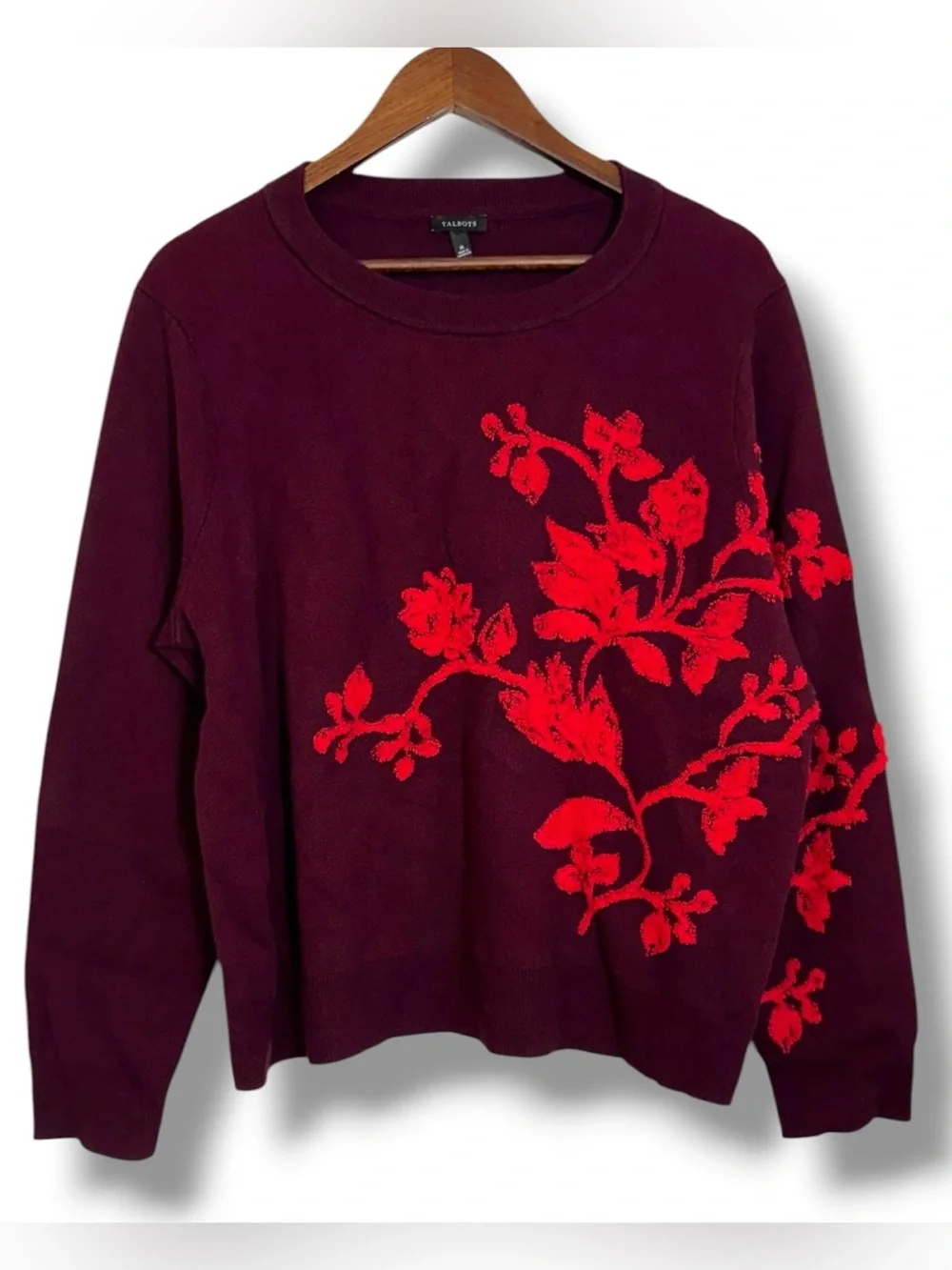 Talbots Burgundy Placed Floral Crewneck Pullover Cotton Sweater Textured XL NEW